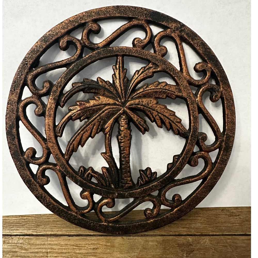 Vintage Brass Palm Tree Trivet 6.75 Inch Round Tropical Coastal Decor 3 Feet